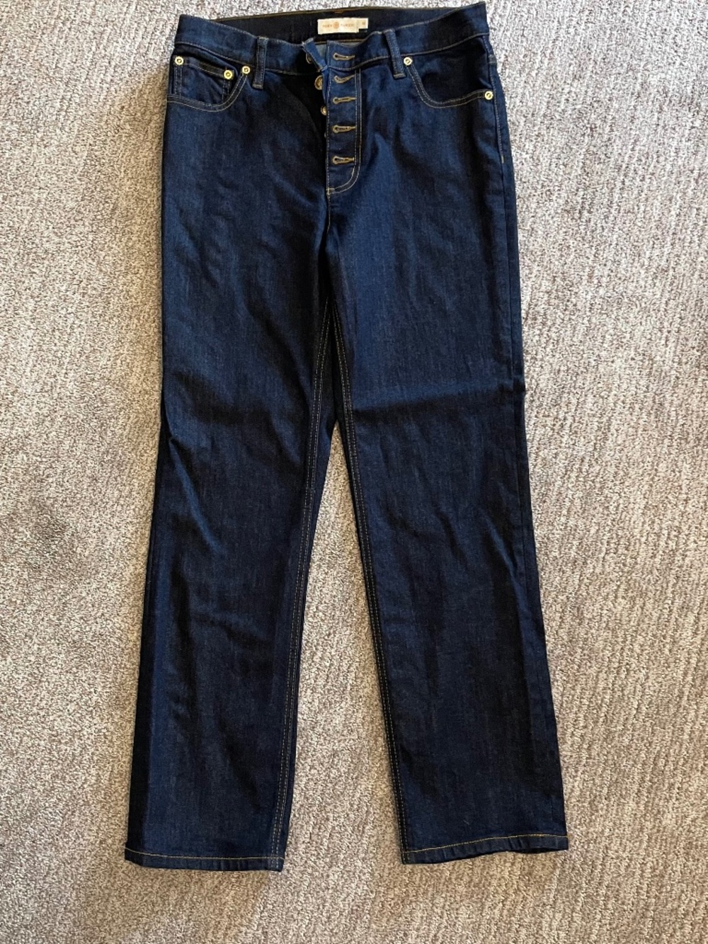Tory Burch Button Fly Straight Leg Cropped Jeans Dark Resin Wash‎ Size 25